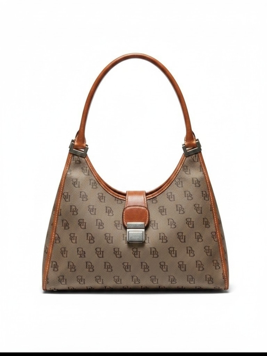 Dooney & Bourke Handbags - Dooney & Bourke Signature Crescent Hobo Bag In Tan With Brown Leather Trim